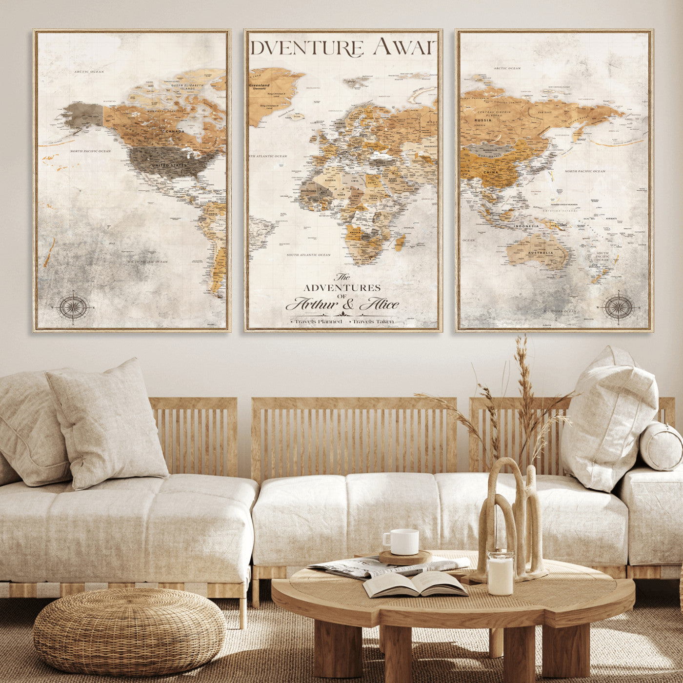 99422096-MGV-FC-60X30-3P_Natural-Adventure Awaits World Map Wall Art – Neutral Beige Canvas Print, Modern Travel Inspired Wall Decor for Living Room, Bedroom or