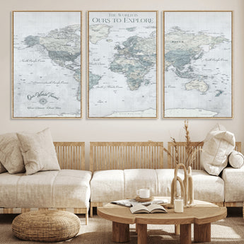 94249974-MGV-FC-60X30-3P_Natural-Ours Explore World Map Wall Art – Modern Travel Canvas Print, Neutral Adventure Decor for Living Room, Office, Study, Bedroom,