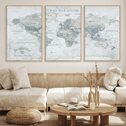 94249974-MGV-FC-60X30-3P_Natural-Ours Explore World Map Wall Art – Modern Travel Canvas Print, Neutral Adventure Decor for Living Room, Office, Study, Bedroom,