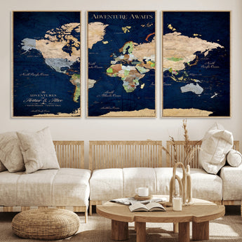 43160428-MGV-FC-60X30-3P_Natural-Adventure Awaits Navy Blue World Map – Vibrant Travel Canvas Wall Art, Antique Atlas Print, Wanderlust Decor for Home Office