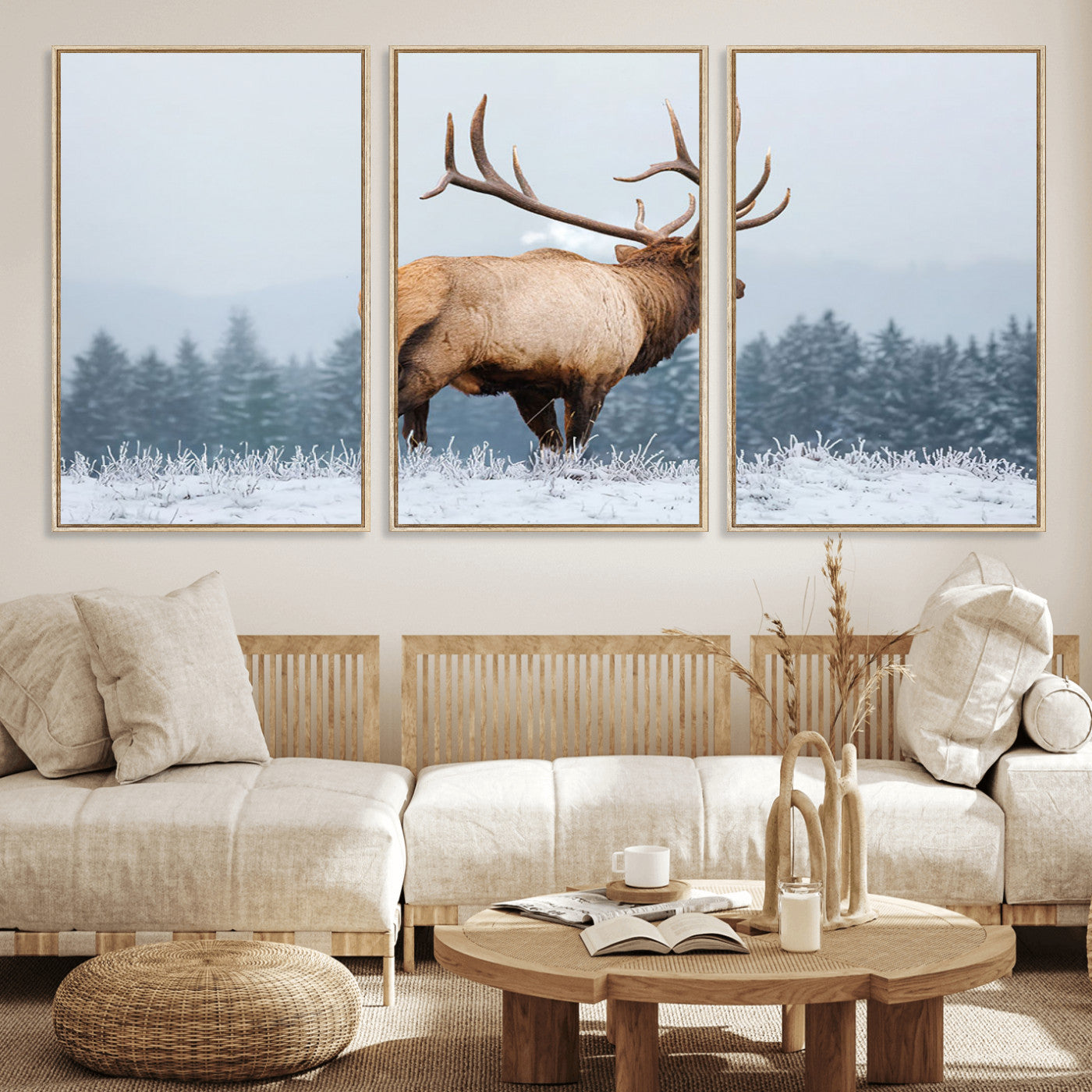 85177251-MGV-FC-60X30-3P_Natural-Elk Wall Art – Majestic Wildlife Canvas Print of Bull Elk Snowy Forest, Rustic Nature Decor for Living Room, Cabin, or Office