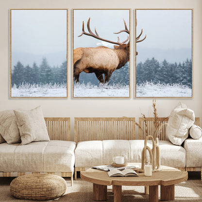 85177251-MGV-FC-60X30-3P_Natural-Elk Wall Art – Majestic Wildlife Canvas Print of Bull Elk Snowy Forest, Rustic Nature Decor for Living Room, Cabin, or Office