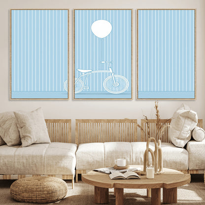 56479838-MGV-FC-60X30-3P_Natural-Bicycle Wall Art – Minimalist Blue Canvas Print with Balloon Illustration, Modern Decor Artwork for Kids Room, Nursery, or Living