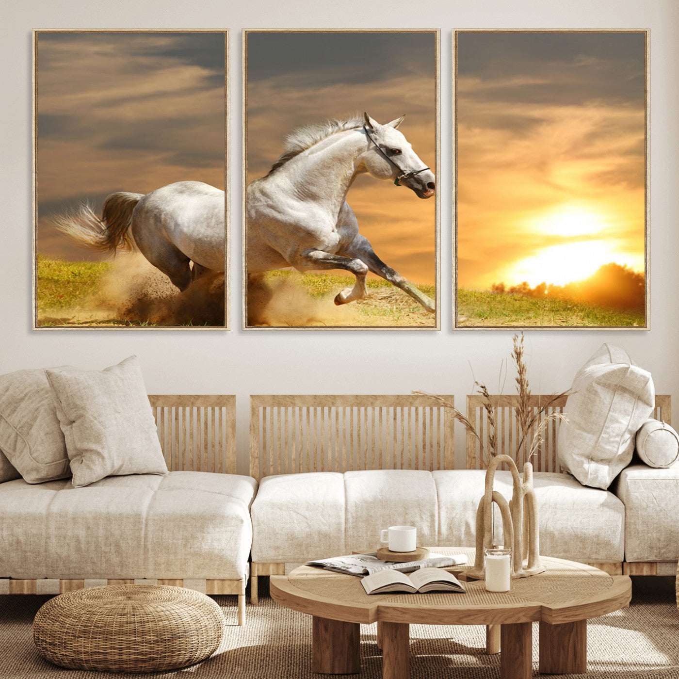44295212-MGV-CV-36X24-Horse Wall Art – Running White Stallion Canvas Print with Sunset Background, Western Wildlife Decor for Living Room, Office, or
