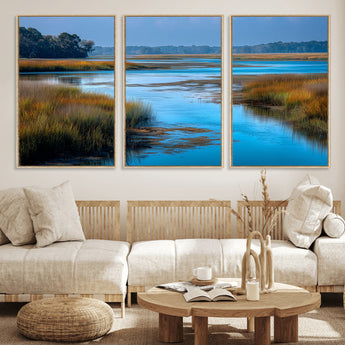 26300004-MGV-FC-60X30-3P_Natural-Marshland Landscape Wall Art – Scenic Nature Canvas Print with Golden Grass and Blue Water, Peaceful River Photography for Living