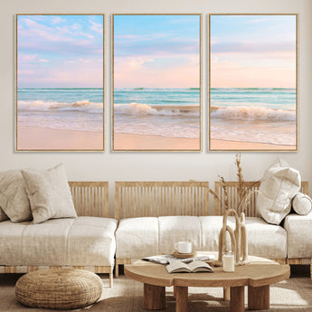 88024944-MGV-CV-36X24-Serene Ocean Waves Canvas Wall Art – Pastel Sky, Soft Sand Beach, Tranquil Seascape, Calm Water Coastal Nature, Relaxing Peaceful