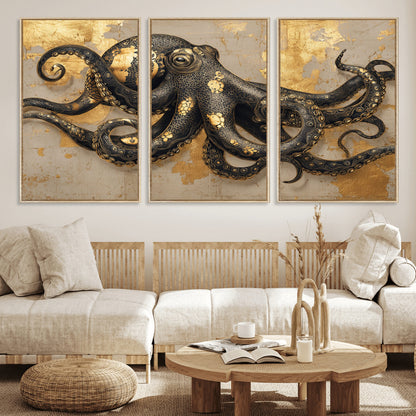 57944271-MGV-FC-60X30-3P_Natural-Octopus Wall Art – Black and Gold Nautical Canvas Print, Modern Ocean Inspired Artwork with Elegant Detailing, Coastal Marine