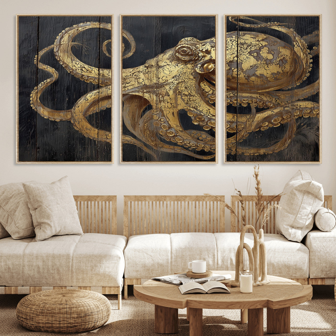 47056538-MGV-CV-36X24-Octopus Canvas Wall Art – Gold Detail, Wooden Texture, Marine Life, Ocean Creature Tentacles, Nautical Coastal Rustic Decor for