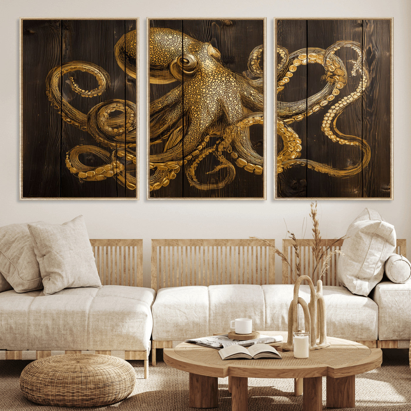 56769669-MGV-FC-60X30-3P_Natural-Octopus Wall Art – Gold Nautical Canvas Print with Rustic Wood Panel Design, Detailed Marine Artwork for Coastal Ocean Decoration