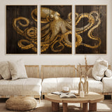 56769669-MGV-FC-60X30-3P_Natural-Octopus Wall Art – Gold Nautical Canvas Print with Rustic Wood Panel Design, Detailed Marine Artwork for Coastal Ocean Decoration