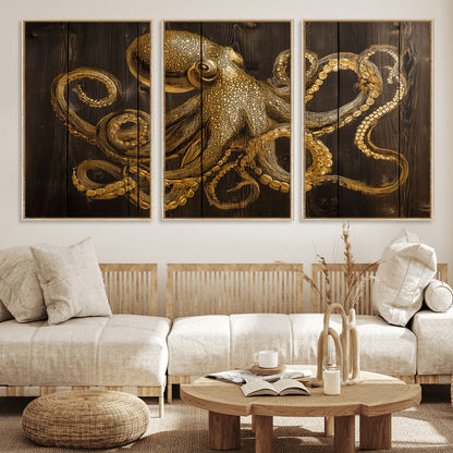 56769669-MGV-FC-60X30-3P_Natural-Octopus Wall Art – Gold Nautical Canvas Print with Rustic Wood Panel Design, Detailed Marine Artwork for Coastal Ocean Decoration