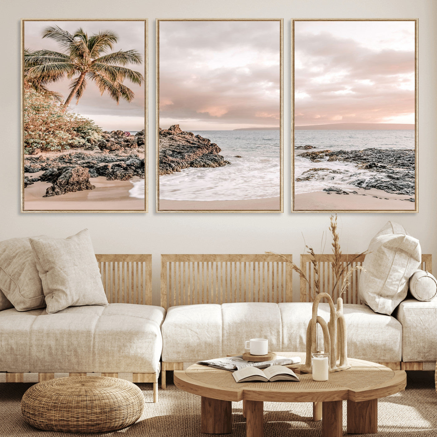 18005328-MGV-CV-36X24-Tropical Beach Canvas Wall Art – Palm Tree, Rocky Shoreline, Ocean Waves, Sunset Clouds, Calm Sea, Island Nature Relaxation for