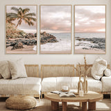 18005328-MGV-CV-36X24-Tropical Beach Canvas Wall Art – Palm Tree, Rocky Shoreline, Ocean Waves, Sunset Clouds, Calm Sea, Island Nature Relaxation for