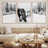 38956835-MGV-CV-36X24-Moose Wall Art – Black and White Wildlife Canvas Print with Snowy Forest Road, Rustic Nature Photography for Cabin, Lodge, Living