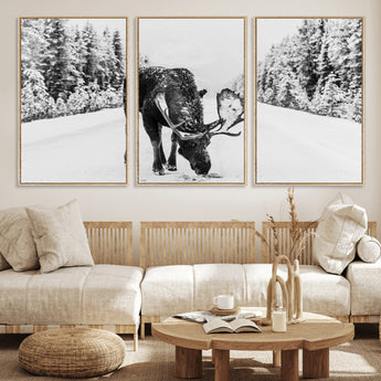 38956835-MGV-CV-36X24-Moose Wall Art – Black and White Wildlife Canvas Print with Snowy Forest Road, Rustic Nature Photography for Cabin, Lodge, Living