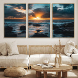 66040852-MGV-CV-36X24-Ocean Sunset Canvas Wall Art – Rocky Shore Waves, Dramatic Clouds, Golden Sun Rays, Coastal Nature, Serene Water Reflection for