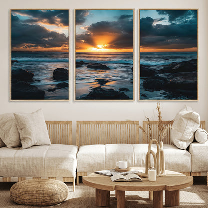 66040852-MGV-CV-36X24-Ocean Sunset Canvas Wall Art – Rocky Shore Waves, Dramatic Clouds, Golden Sun Rays, Coastal Nature, Serene Water Reflection for