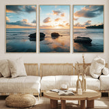 23879436-MGV-CV-36X24-Ocean Sunset Wall Art – Serene Seascape Canvas Print with Golden Sky, Reflections on Sand and Calm Waves, Peaceful Coastal