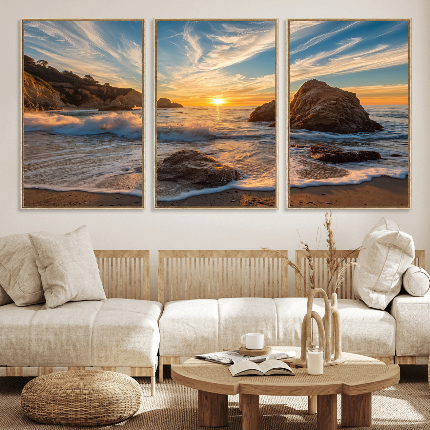 85659923-MGV-CV-36X24-Ocean Sunset Wall Art – Dramatic Seascape Canvas Print with Cliffs, Crashing Waves and Golden Sky, Bold Coastal Photography for