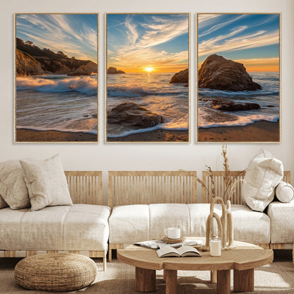 85659923-MGV-CV-36X24-Ocean Sunset Wall Art – Dramatic Seascape Canvas Print with Cliffs, Crashing Waves and Golden Sky, Bold Coastal Photography for