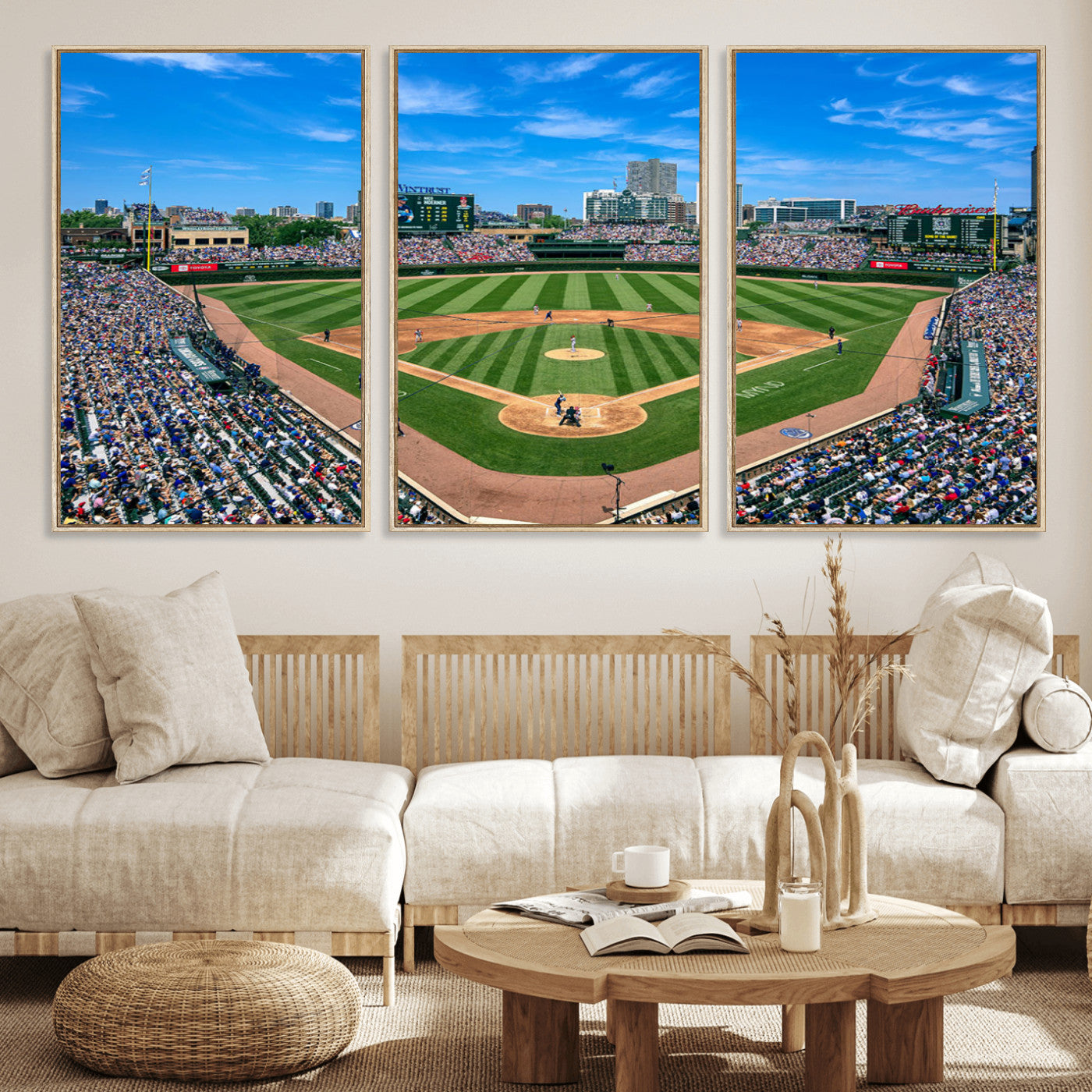 56213978-MGV-FC-60X30-3P_Natural-Baseball Stadium Wall Art – Panoramic Ballpark Canvas Print with Fans, Green Field and City Skyline, Classic Sports Photography