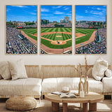 56213978-MGV-FC-60X30-3P_Natural-Baseball Stadium Wall Art – Panoramic Ballpark Canvas Print with Fans, Green Field and City Skyline, Classic Sports Photography