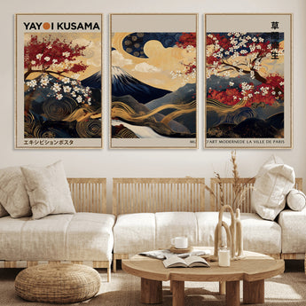 66892669-MGV-CV-36X24-Yayoi Kusama Japanese Inspired Canvas Print – Mt. Fuji & Floral Scene Wall Art, Framed Asian Style Canvas for Home, Office or