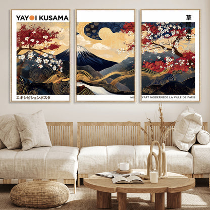 28945903-MGV-CV-36X24-Yayoi Kusama Inspired Japanese Art Canvas Print – Framed Floral & Mt. Fuji Wall Decor, Modern Asian Style Canvas for Home, Office,