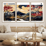 28945903-MGV-FC-60X30-3P_Natural-Japanese Wall Art – Mount Fuji Canvas Print with Cherry Blossoms and Golden Wave Motifs, Traditional Asian Inspired Artwork for