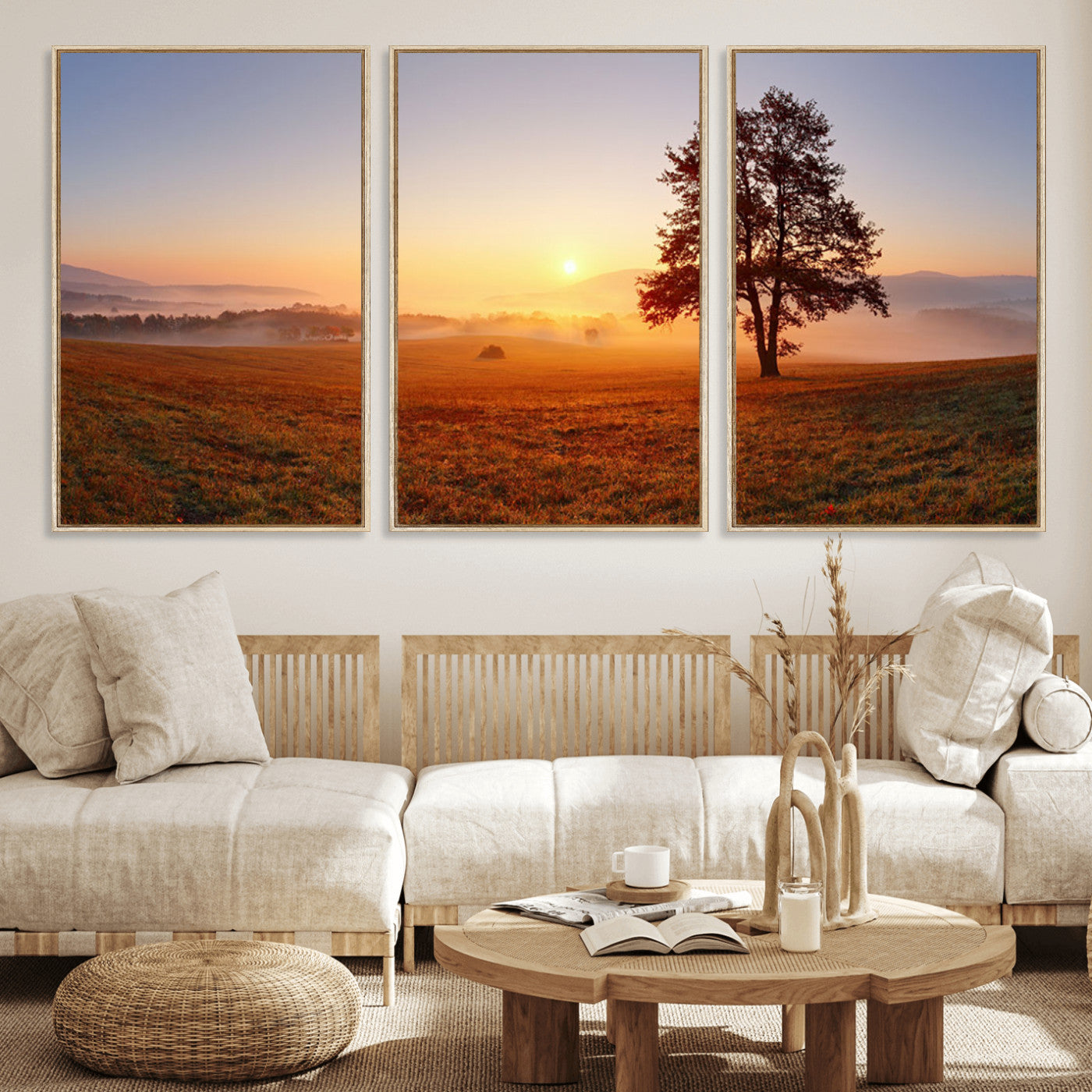 57919623-MGV-FC-60X30-3P_Natural-Sunrise Landscape Wall Art – Golden Morning Canvas Print with Tree, Misty Hills and Open Field, Peaceful Nature Photography for