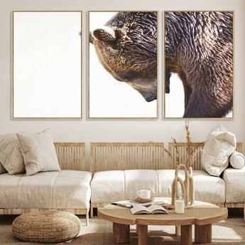 14405507-MGV-FC-60X30-3P_Natural-Bear Wall Art – Wildlife Canvas Print with Rustic Animal Portrait and Minimalist Background, Nature Inspired Photography for