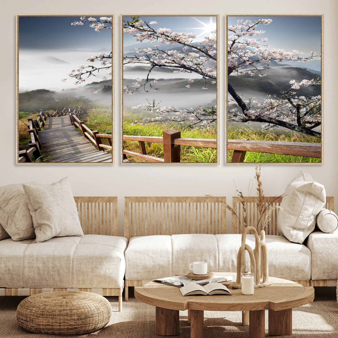 34632598CRY-MGV-FC-60X30-3P_Natural-Cherry Blossom Wall Art – Scenic Asian Landscape Canvas Print with Wooden Walkway, Misty Mountains and Sunrise, Serene Nature