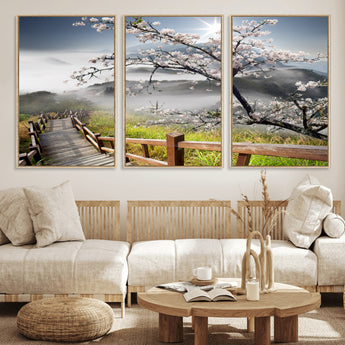 34632598CRY-MGV-FC-60X30-3P_Natural-Cherry Blossom Wall Art – Scenic Asian Landscape Canvas Print with Wooden Walkway, Misty Mountains and Sunrise, Serene Nature