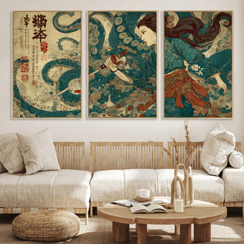 46837670-MGV-CV-36X24-Tsukioka Yoshitoshi Samurai Wall Art Print, Japanese Katana Warrior Canvas Wall Art, Octopus Sea Monster Canvas Print,
