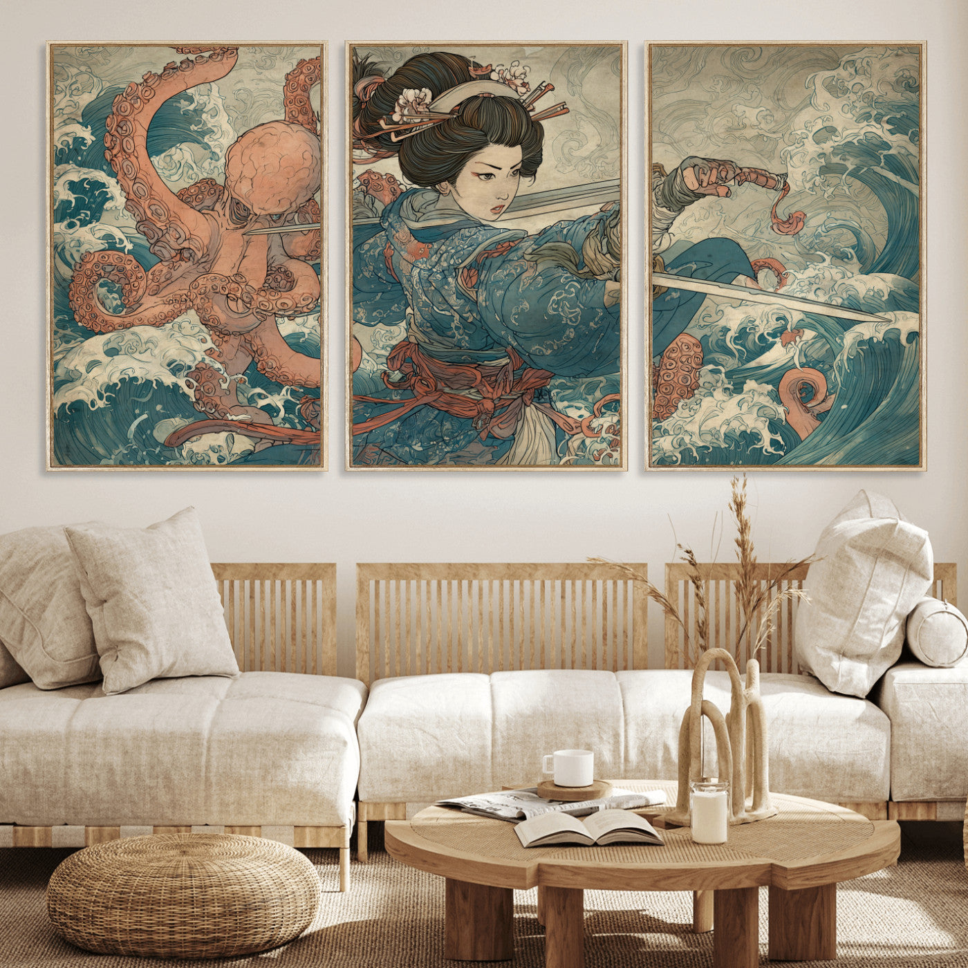 52037775-MGV-CV-36X24-Samurai Woman Wall Art – Japanese Ukiyo e Style Canvas Print with Katana, Ocean Waves and Octopus, Traditional Asian Inspired