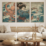 52037775-MGV-CV-36X24-Samurai Woman Wall Art – Japanese Ukiyo e Style Canvas Print with Katana, Ocean Waves and Octopus, Traditional Asian Inspired