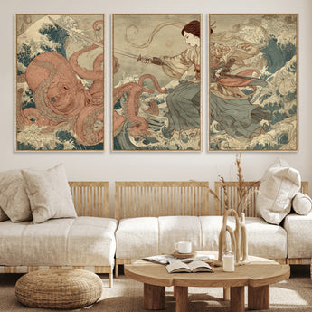 54879547-MGV-CV-36X24-Tsukioka Yoshitoshi Samurai Wall Art Print, Japanese Katana Warrior Canvas Wall Art, Octopus Sea Monster Canvas Print,