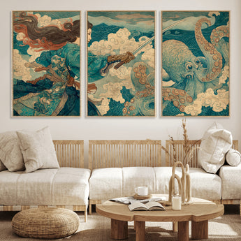 37943964-MGV-CV-36X24-Samurai Warrior vs Octopus Wall Art – Japanese Ukiyo-e Style Canvas Print, Ocean Battle Scene Artwork for Living Room, Office, Man