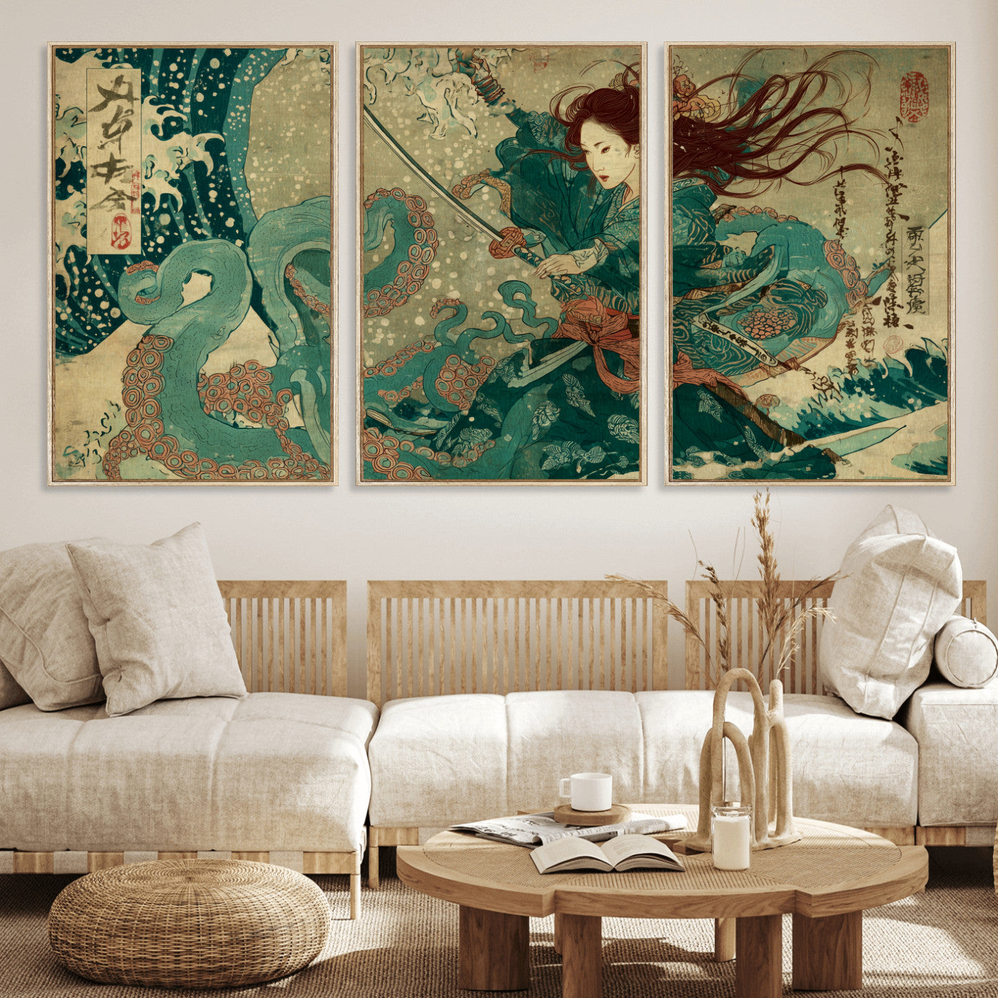 86918027-MGV-CV-36X24-Tsukioka Yoshitoshi Samurai Wall Art Print, Japanese Katana Warrior Canvas Wall Art, Octopus Sea Monster Canvas Print,