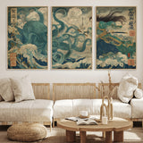 60346622-MGV-CV-36X24-Tsukioka Yoshitoshi Samurai Wall Art Print, Japanese Katana Warrior Canvas Wall Art, Octopus Sea Monster Canvas Print,