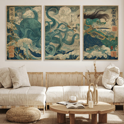 60346622-MGV-CV-36X24-Tsukioka Yoshitoshi Samurai Wall Art Print, Japanese Katana Warrior Canvas Wall Art, Octopus Sea Monster Canvas Print,