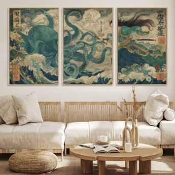 60346622-MGV-FC-60X30-3P_Natural-Samurai Warrior vs Octopus Wall Art – Japanese Ukiyo-e Style Ocean Battle Canvas Print, Traditional Samurai Artwork for Living