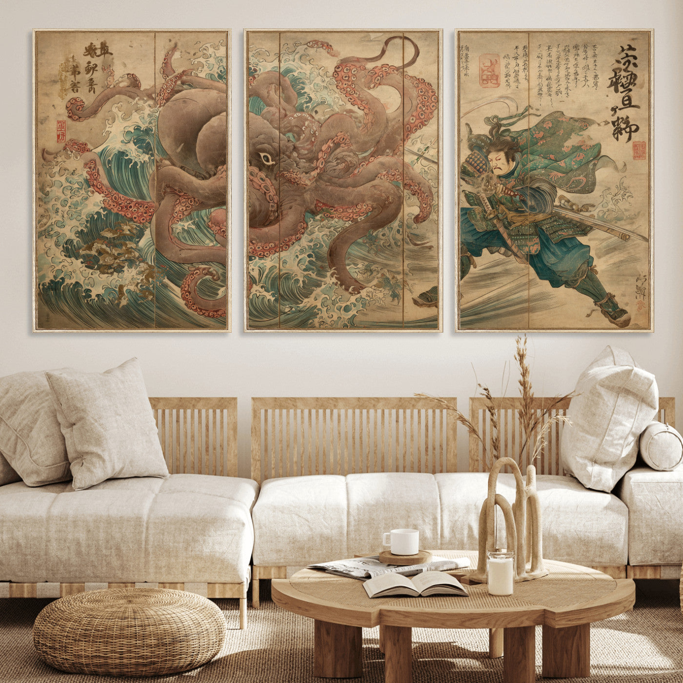 63782167-MGV-CV-36X24-Tsukioka Yoshitoshi Samurai Wall Art Print, Japanese Katana Warrior Canvas Wall Art, Octopus Sea Monster Canvas Print,