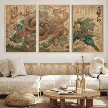 63782167-MGV-CV-36X24-Tsukioka Yoshitoshi Samurai Wall Art Print, Japanese Katana Warrior Canvas Wall Art, Octopus Sea Monster Canvas Print,
