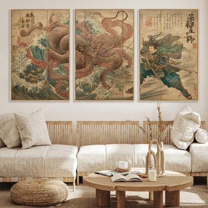 63782167-MGV-CV-36X24-Tsukioka Yoshitoshi Samurai Wall Art Print, Japanese Katana Warrior Canvas Wall Art, Octopus Sea Monster Canvas Print,