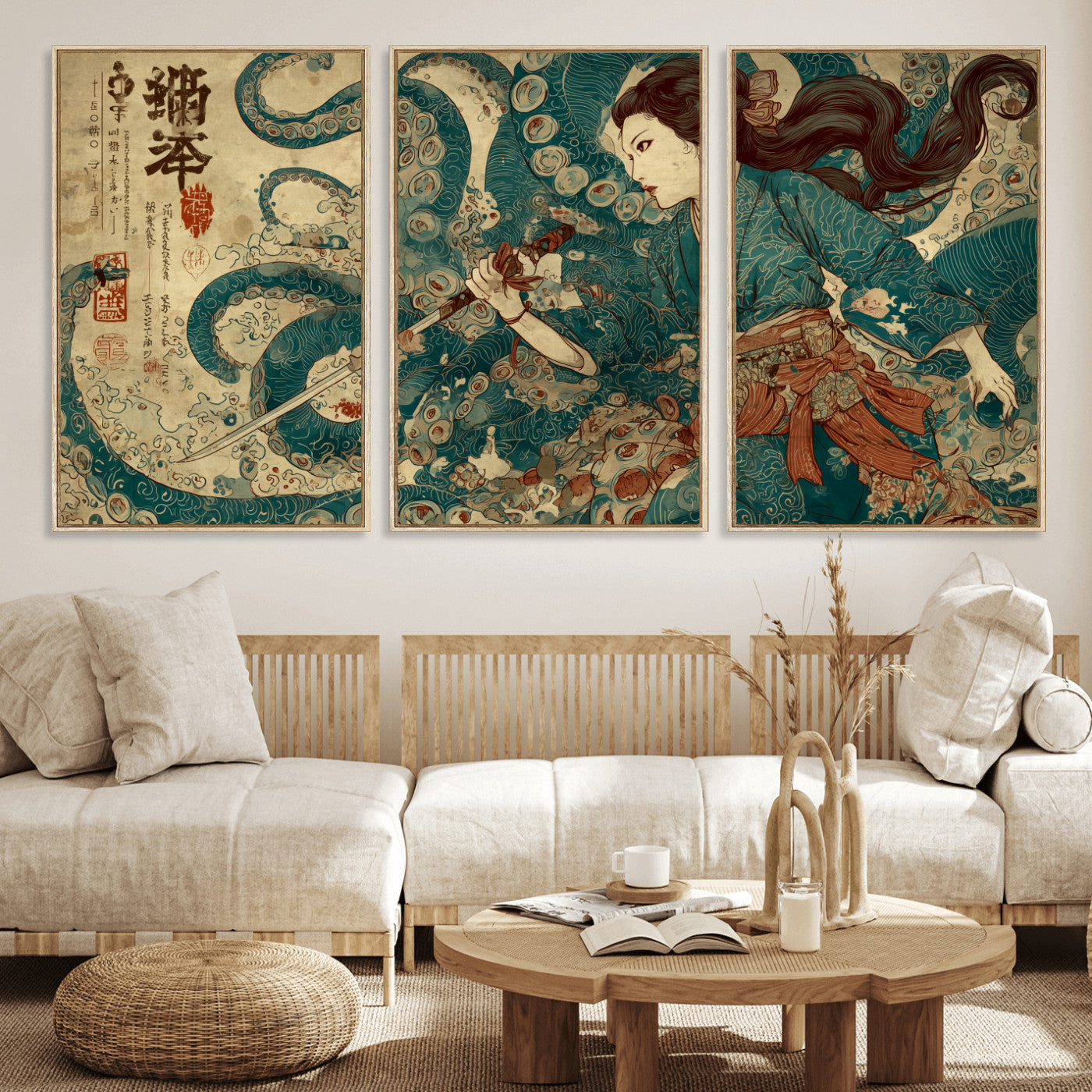 18575670-MGV-CV-36X24-Tsukioka Yoshitoshi Samurai Wall Art Print, Japanese Katana Warrior Canvas Wall Art, Octopus Sea Monster Canvas Print,
