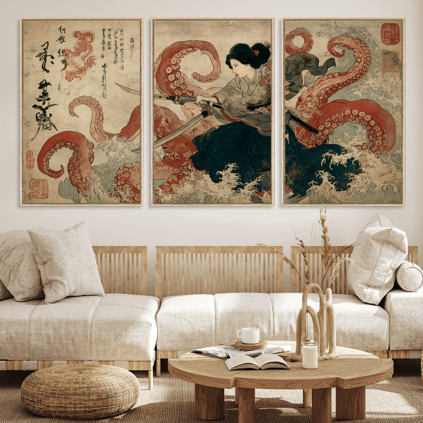 50812504-MGV-FC-60X30-3P_Natural-Samurai Woman vs Octopus Wall Art – Japanese Ukiyo-e Red Tentacle Canvas Print, Ocean Battle Artwork for Living Room, Office, Man