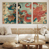 68844327-MGV-CV-36X24-Tsukioka Yoshitoshi Samurai Wall Art Print, Japanese Katana Warrior Canvas Wall Art, Octopus Sea Monster Canvas Print,