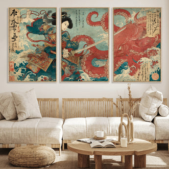 68844327-MGV-CV-36X24-Tsukioka Yoshitoshi Samurai Wall Art Print, Japanese Katana Warrior Canvas Wall Art, Octopus Sea Monster Canvas Print,