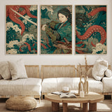 35461724-MGV-CV-36X24-Samurai Woman vs Octopus Wall Art – Japanese Ukiyo-e Ocean Waves Canvas Print, Red Tentacle Battle Artwork for Living Room,